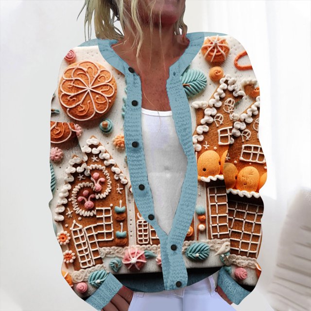 LOVZFMLL Cardigan pour Femmes Décontracté Imprimé de Noël Cardigan Tricoté Veste à Boutons