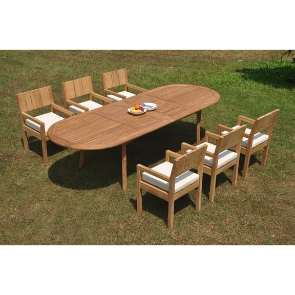 Grade-A Teak Dining Set: 6 Seater 7 Pc: 118" Double Extension Oval Table And 6 Veranda Arm Chairs Outdoor Patio WholesaleTeak #WMVR9