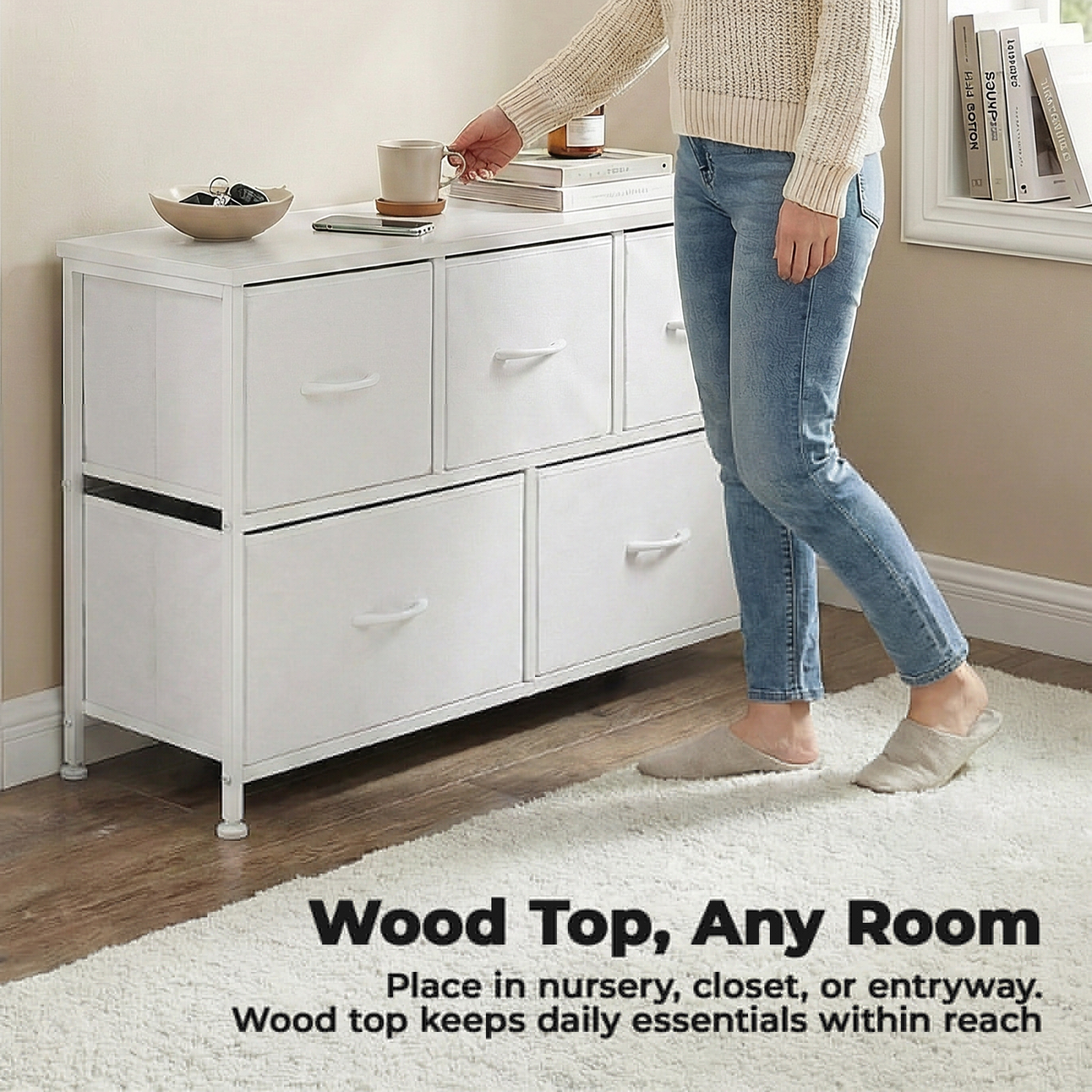 Alvantor Tall Dresser Fabric Storage Tower ,Wooden Top for Kid Room, Closet, Entryway, Nursery