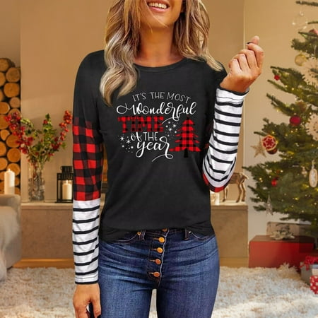 

jsaierl Sweatshirt for Women Round Neck Long Sleeve Christmas Printed Cute Tops for Women Skin-Friendly Stripe Pullover Blouse for Teen Girls