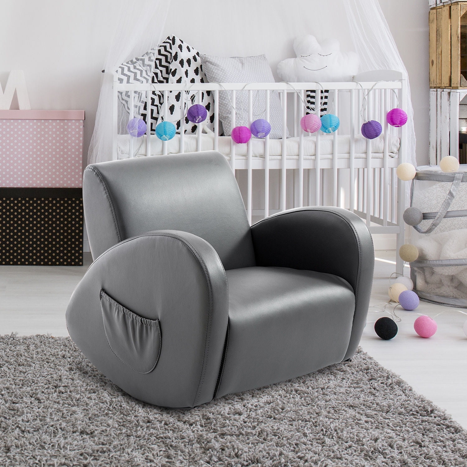 Qaba 20" Kids Sofa Side Pocket Armchair Rocking Recliner PU Furniture, Gray