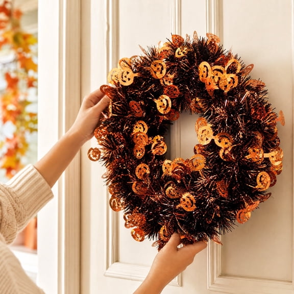 sruoe Halloween Glitter Foil Pumpkin Tinsel Wreath, Halloween Decorations Indoor, Sparkling Front Door Decor for Porch, Party Background, Wall Arrangement