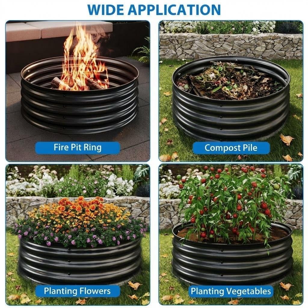 2x1FT Round Galvanized Raised Garden Bed, Rust & Corrosion Resistant Metal Box with Safe Edging for Outdoor Gardening, Black