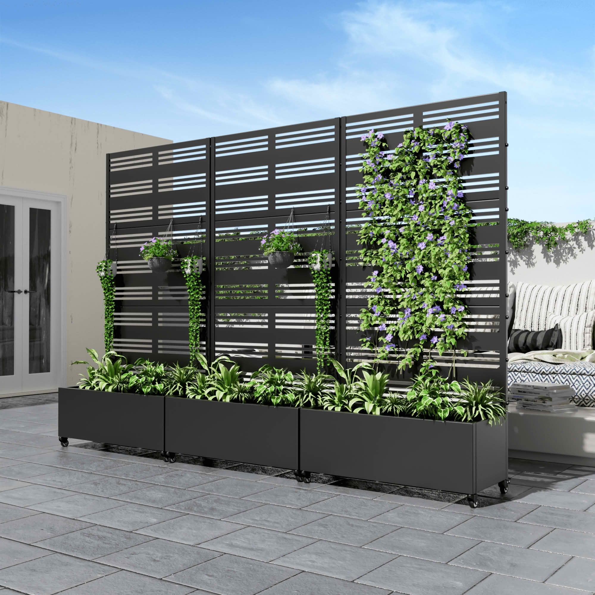 MAYEERTY 72x35x16 Inch Black Metal Rectangular Planter Box with Trellis, 5 Piece Set for Outdoor Garden & Patio