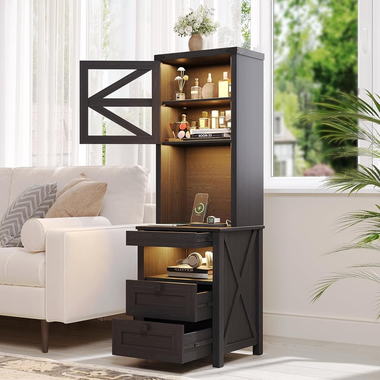 HWB Tall Night Stand with Charging Station and LED Lights