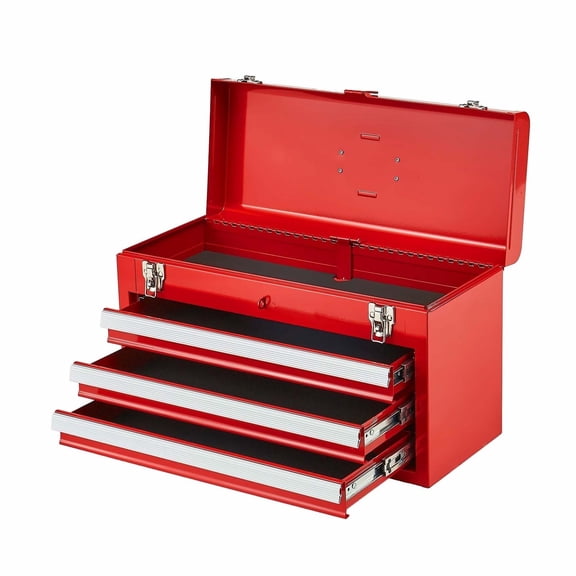 Metal Tool Box 20.5 inch, Portable Tool Organizer with 3 Drawers, Lockable Steel Toolbox with Handle, Red