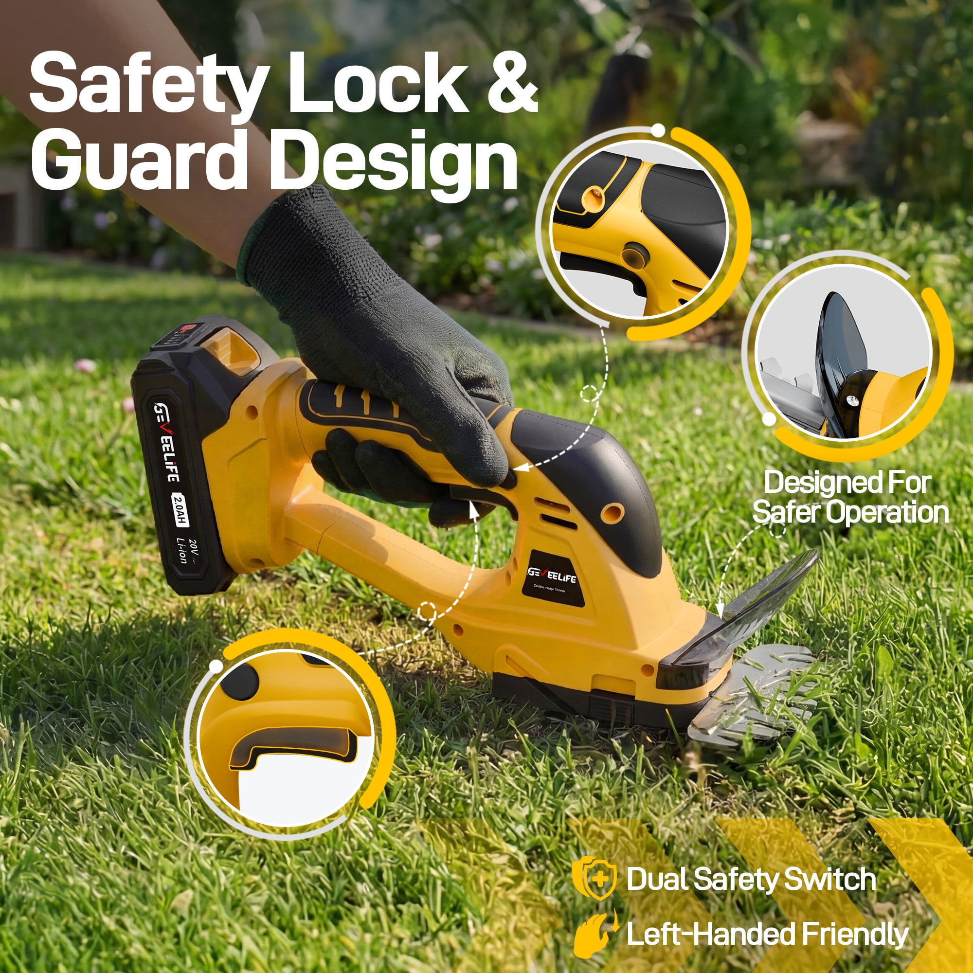 20V Cordless 2-in-1 Hedge Trimmer and Grass Cutter, Handheld Electric Bush Trimmer with 2×2.0Ah Batteries and Fast Charger for Garden, Lawn and Yard