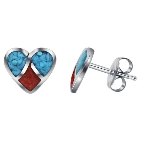 - Gem Avenue 925 Sterling Silver Turquoise and Coral Inlay Stud Earrings Heart Design