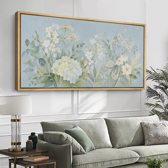 Large Framed Canvas Wall Art Soft Blue Hydrangea Wildflower Print for Living Room Decoration - 60"x30" Natural Frame