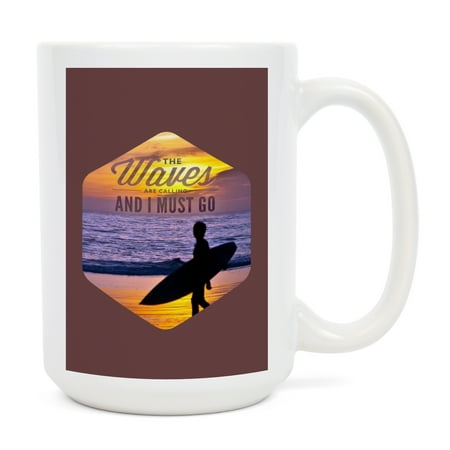 

15 fl oz Ceramic Mug Rehoboth Delaware The Waves are Calling Surfer and Sunset Contour Dishwasher & Microwave Safe