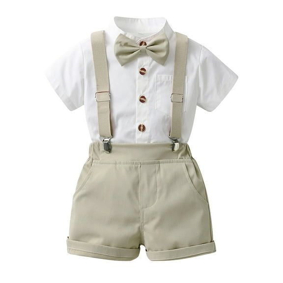 ZACPNCV Baby Boys Gentleman Outfit Suit Sets Toddler Short Shirt with Bowtie Infant Summer Suspender Shorts Sets Beige 18-24 Months