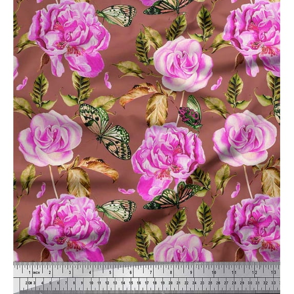 Soimoi Rayon Fabric Buttefly,Leaves & Rose Floral Decor Fabric Printed Yard 56 Inch Wide