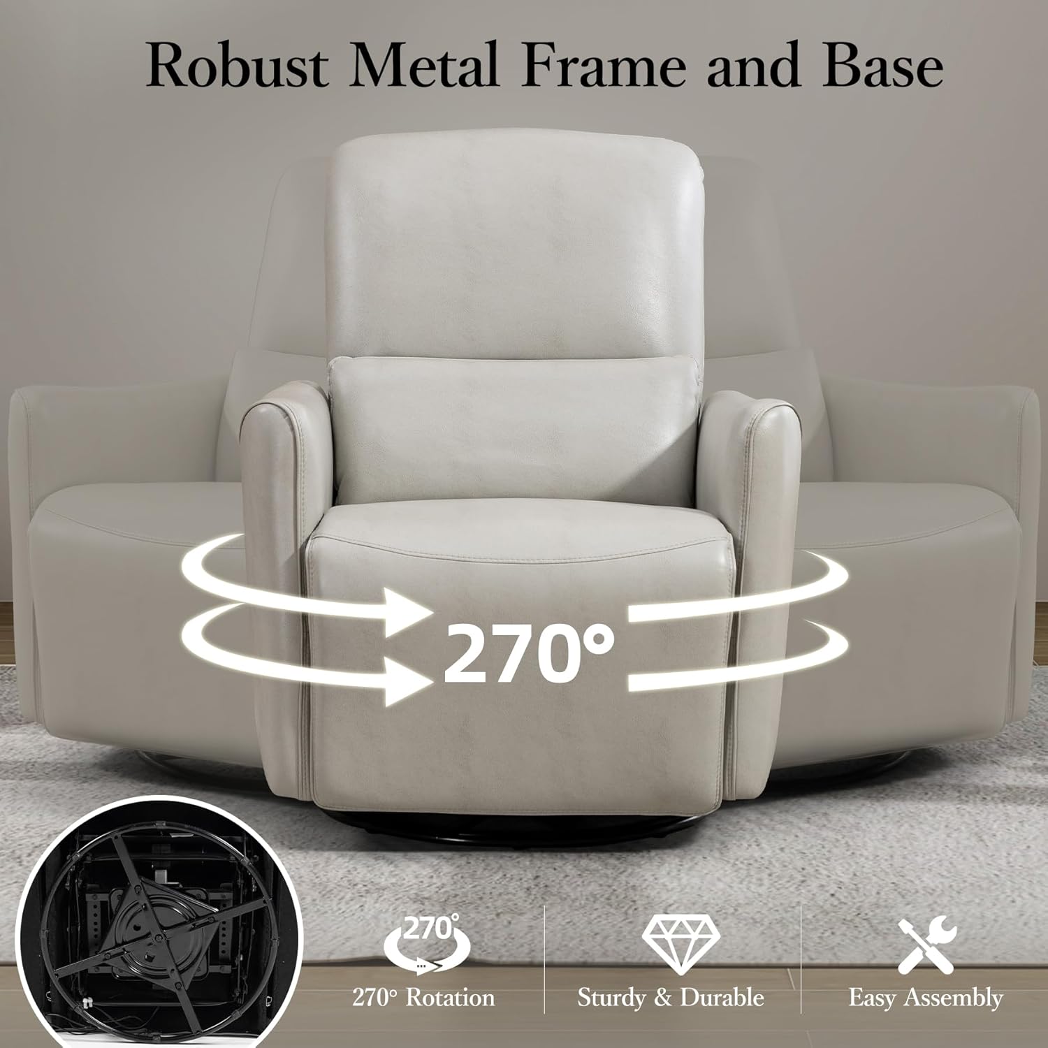Power Swivel Recliner Chair, Faux Leather Glider Electric Rocking Chair for Adults. Nursery Rocker Single Sofa Chair with Lumbar Support for Living Room. Dual-Port Charging: Type-C&USB, Grey