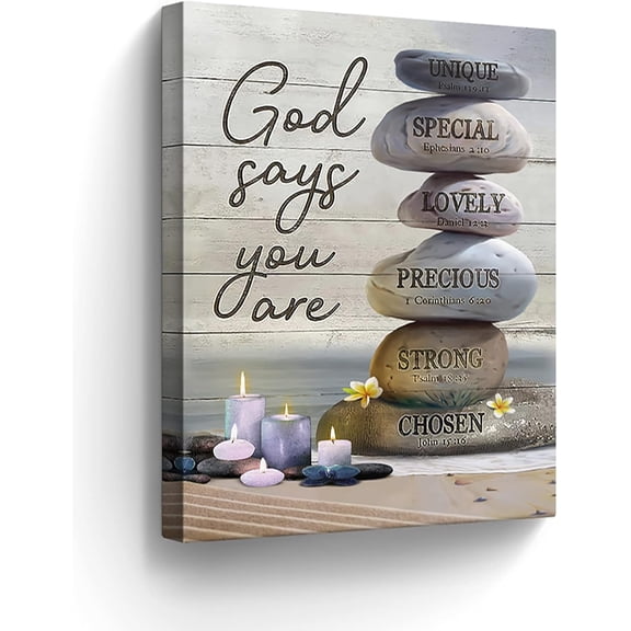 Farmhouse Christian Canvas Wall Art – God Says You Are Bible Verse Print with Zen Stacked Stones, Inspirational Scripture Framed Decor for Bathroom, Bedroom, Living Room or Office