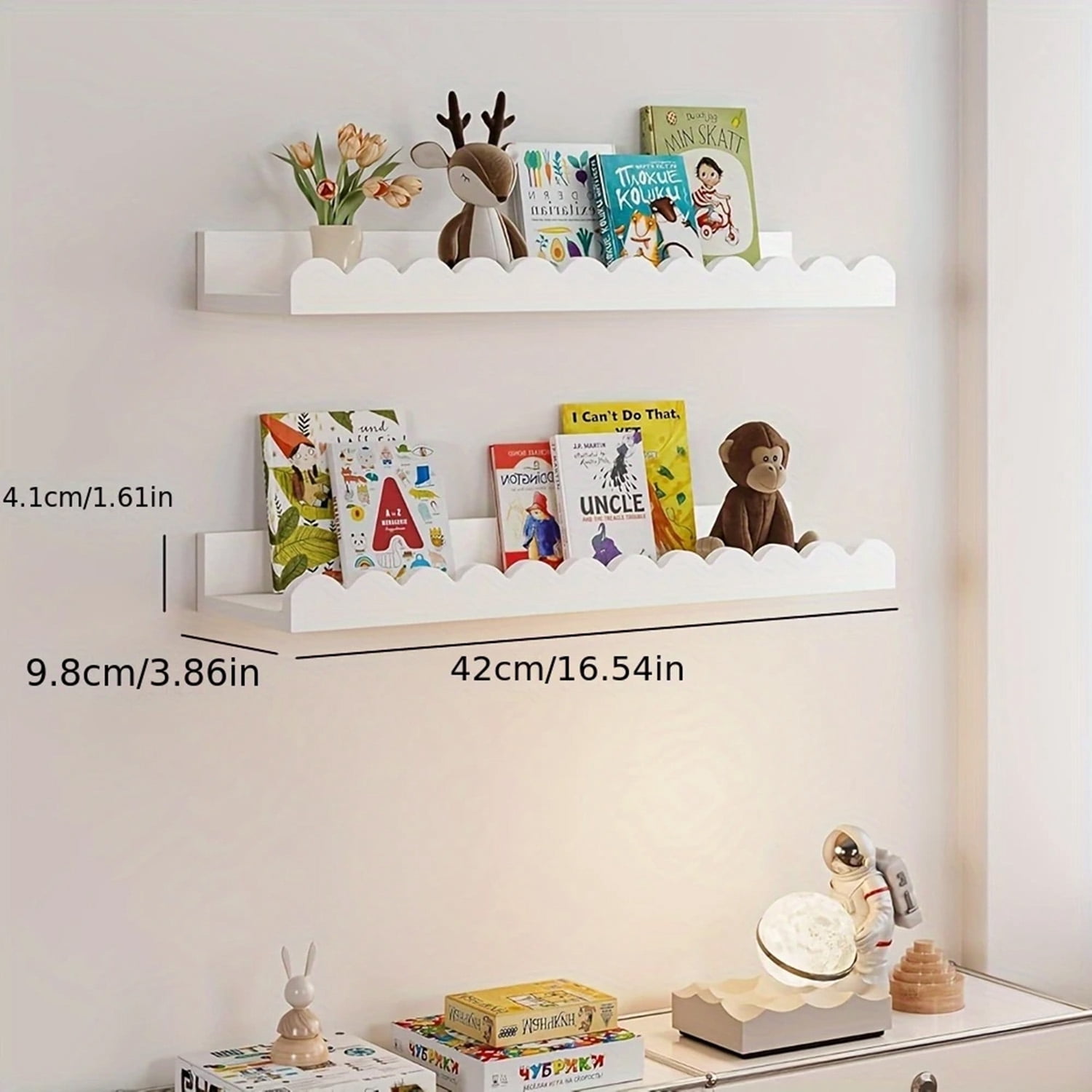 Book Shelves, 4-Pack White Floating Shelves for Wall, Scalloped Shelves, Wall Book Shelves for Bedroom