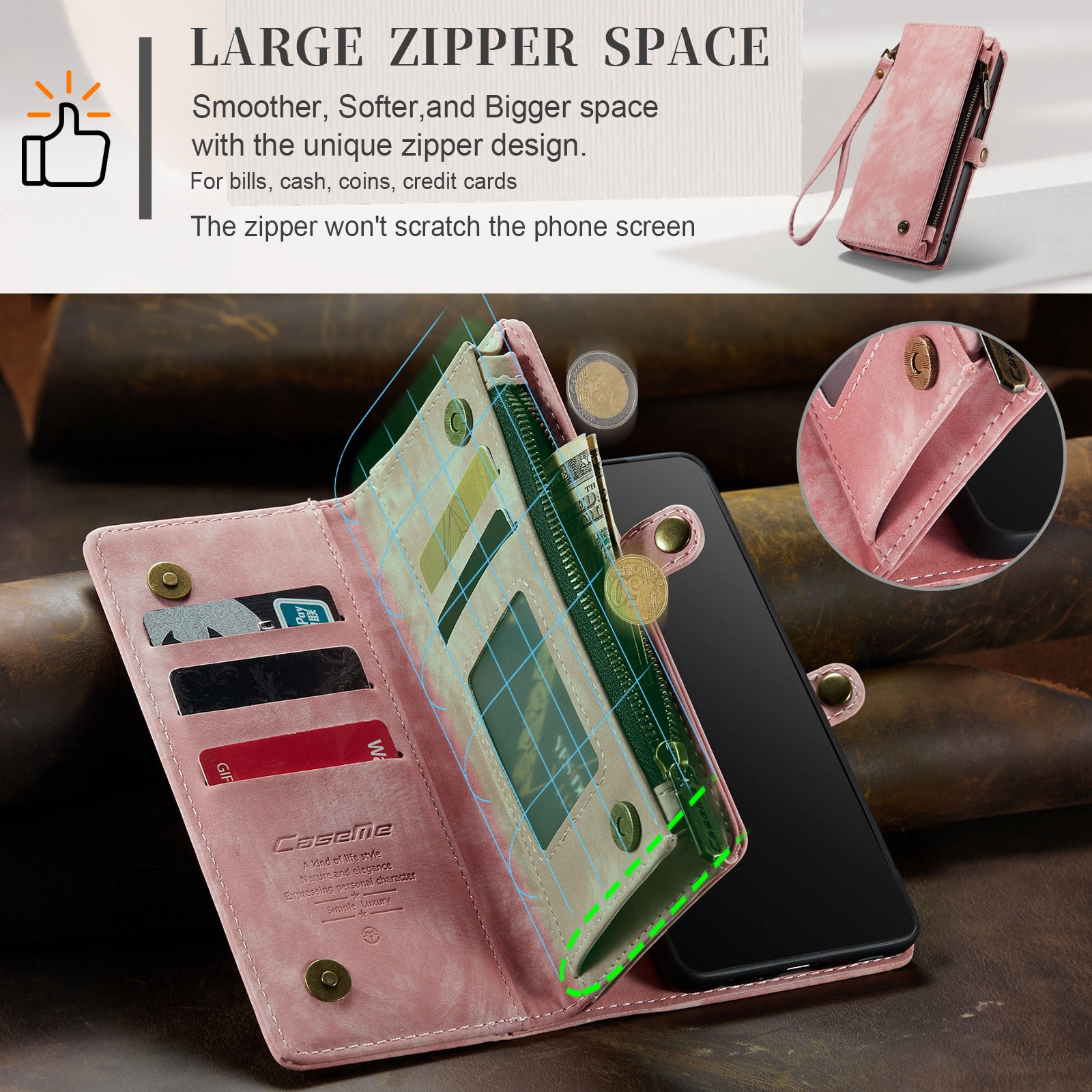 Feishell Durable 2-In-1 Magnetic Detachable Wallet Case for Samsung Galaxy S22,for Women Men,Premium PU Leather Zipper Pocket Flip Multi Card Slots Purse Phone Case with Wrist Strap,Pink