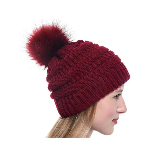 Wodstyle Womens Winter Knitted Warm Fur Pom Pom Bobble Baggy Plain Beanie Hats Caps Walmart Com Walmart Com