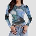 thumbnail image 2 of Lace Mesh Sheer Long Sleeve Tops for Women Layering Floral Embroidery See Through Tee Fitted Tight T Shirts Blouses Light Blue M, 2 of 7