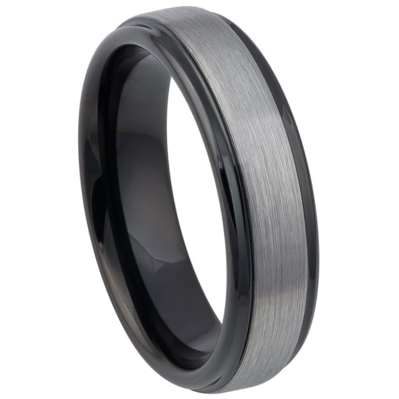 6mm Two-tone Black IP Gun Metal Brushed Center Stepped Edge Wedding Band Ring For Men Or Ladies