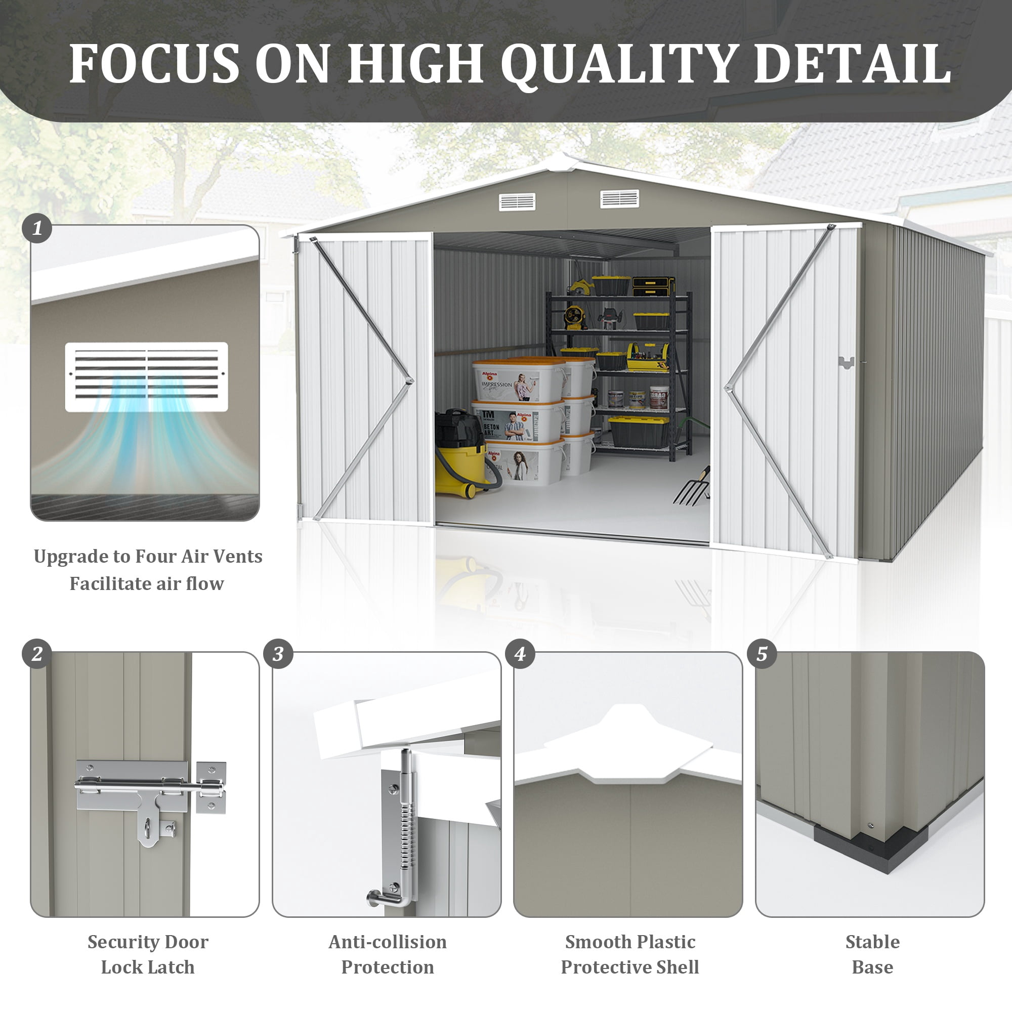 10 x 14 FT Outdoor Storage Shed, Large Metal Storage Sheds with 3 Lockable Door and 4 Air Vent, Surface Protective Film, Garden Tool Shed for Bicycles, Tools, Lawnmowers, Backyards, Patios, Lawns