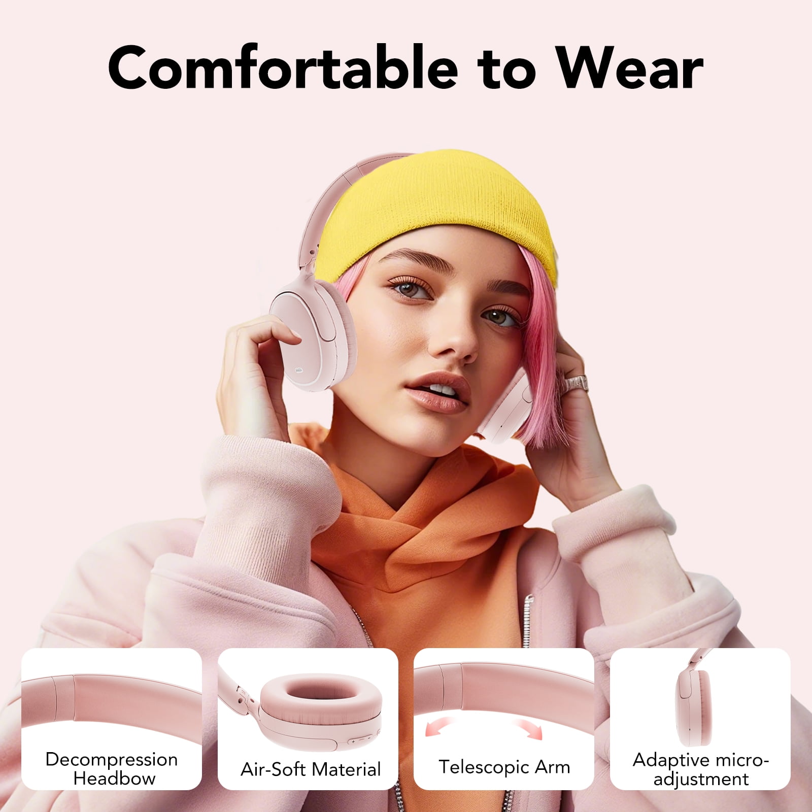 Hybrid Active Noise Cancelling -45dB, Bluetooth Headphones 5.4, 50H Playtime Earbuds, Clear Call with 4 Mics, Bass Boosted by 90%, Comfort Fit Over Ear Headphones for Travel Home Office PC Pink