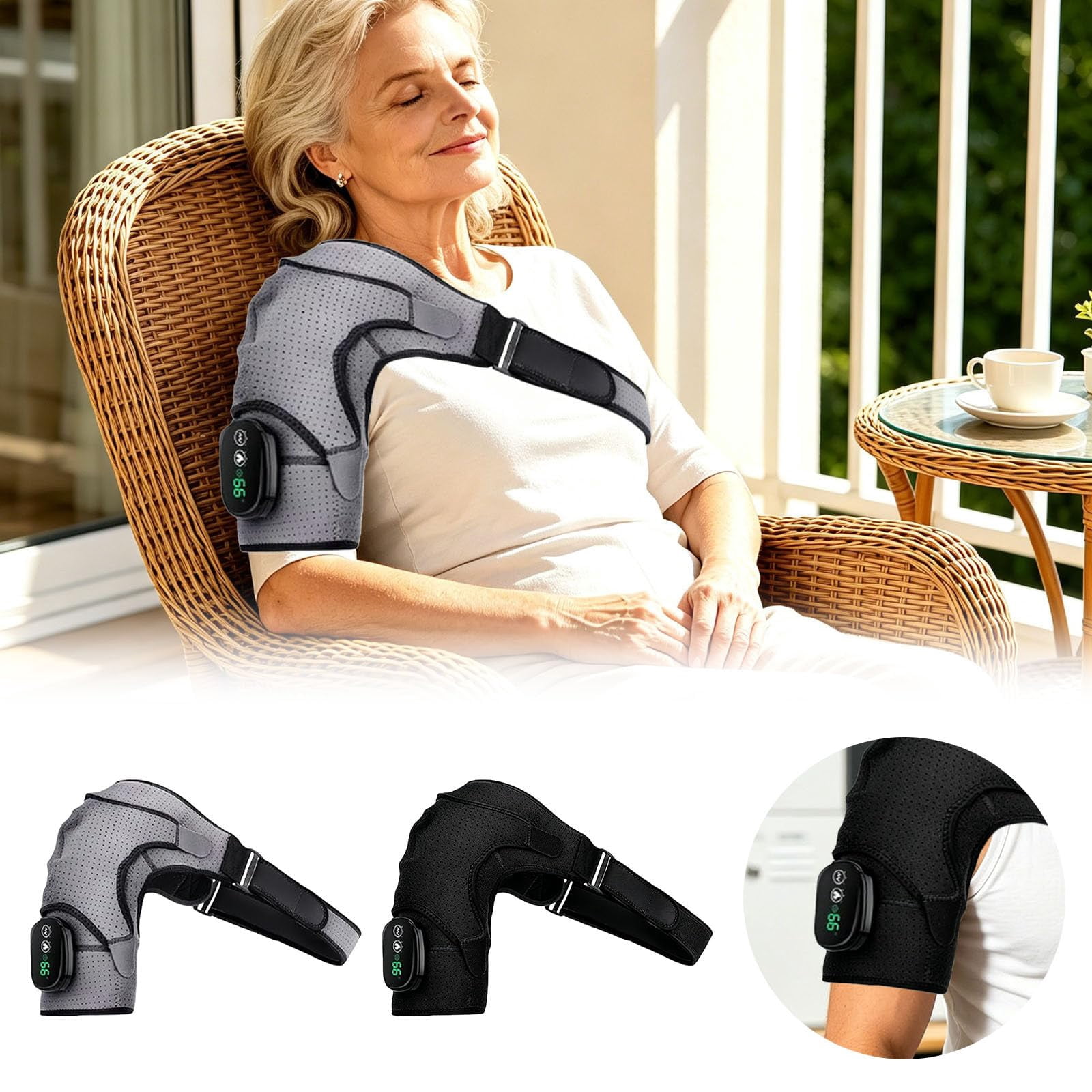 Vital Triple Method Shoulder Massager, Compression & Vibration – Triple Method Cordless Heated Wrap, 3 Heating Levels & 3 Vibration Modes, Adjustable Straps for Deep Tissue Pain Relief