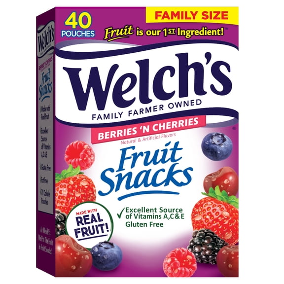 Welch's Fruit Snacks, Berries 'N Cherries, MVS1 Individual Single Serve Bags, 0.8 oz (Pack of 40)