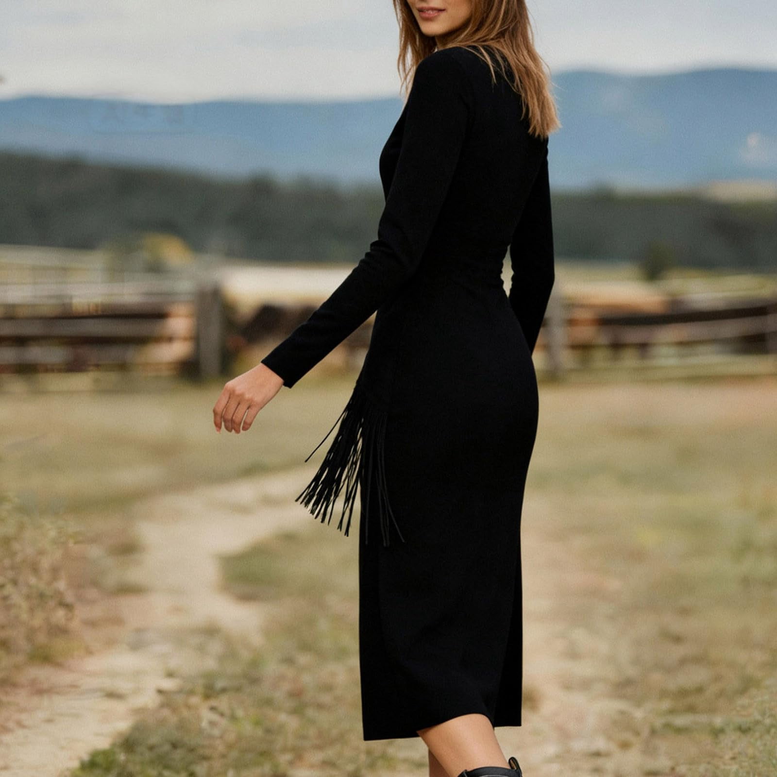 Womens Western Fringe Midi - Long Sleeve Faux Suede Boho Cowgirl Side Split Bodycon Dress with Asymmetrical Tassel Waist