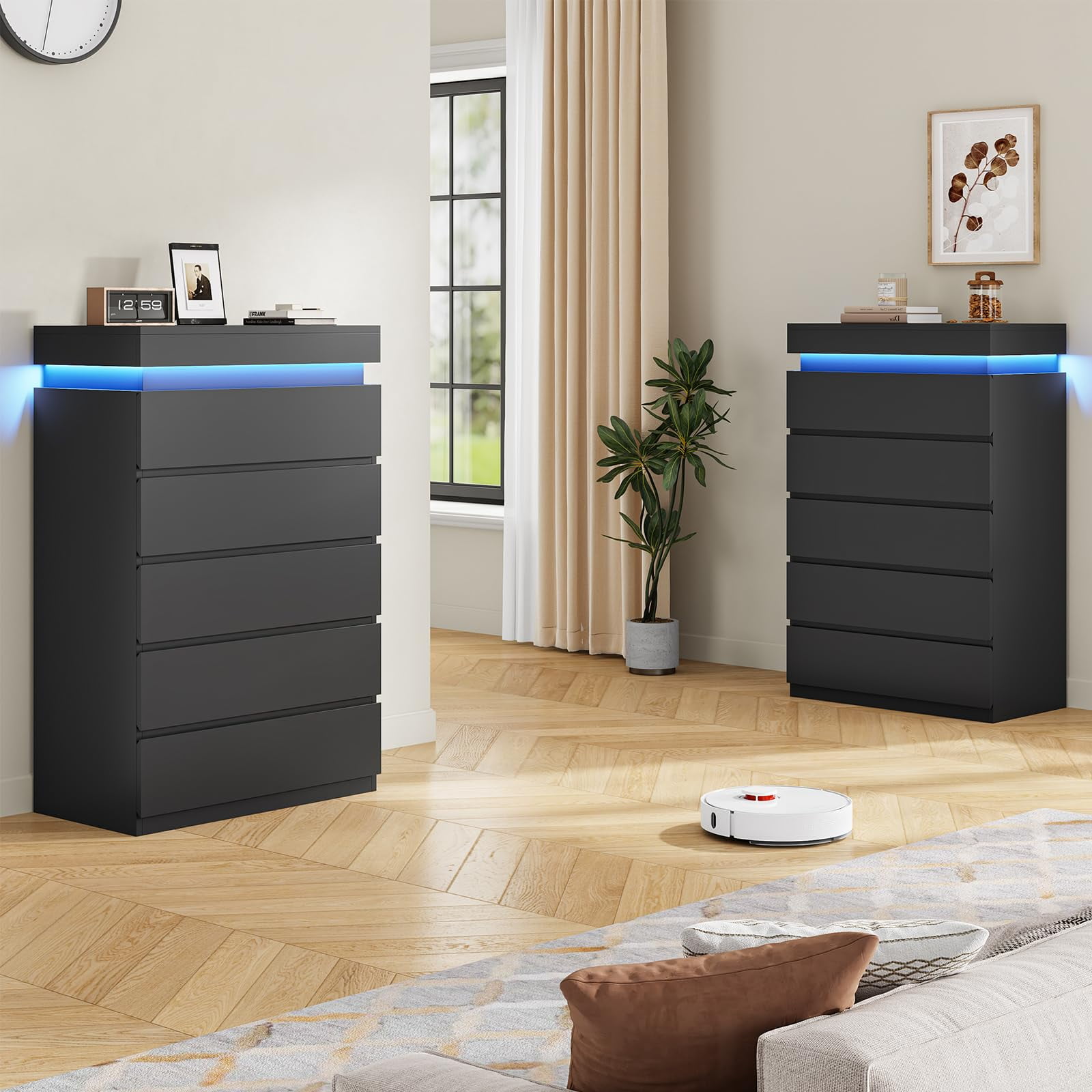 Afuhokles Black 5 Drawer Dresser with LED Light, Chest of Drawers for Bedroom