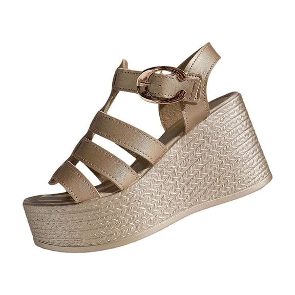 HomeDM Women's Wedge Platform Sandals Ankle Strap Open Toe Summer Casual Strappy Sandals, Gold Size 6