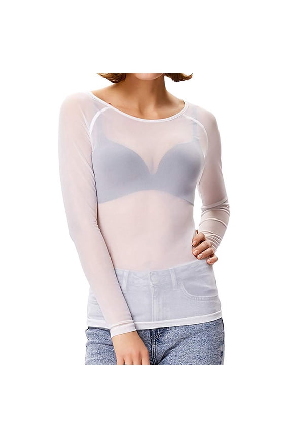 Womens Bottoming Shirt Long Sleeve High Neck Top Sheer Mesh Casual Blouse Base Layer Shirt