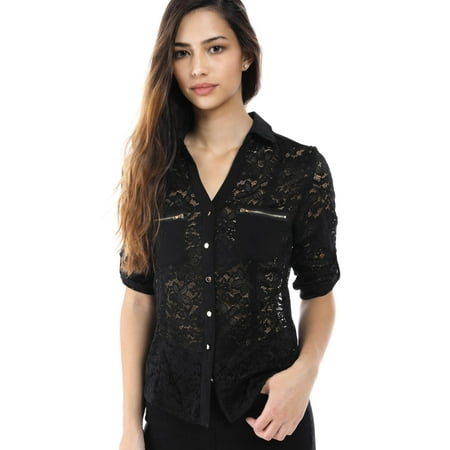 Button Magazine - Salt Tree Women's Fashion Magazine Floral Lace And Chiffon Button Front Shirt