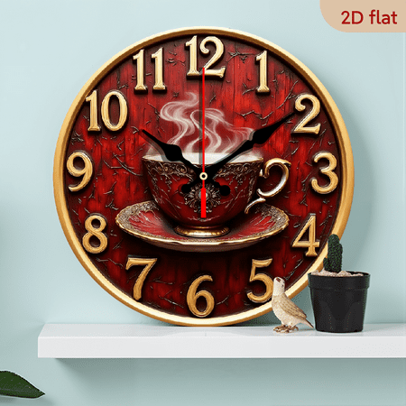 2D Flat 1pc 10Inch Art Wall Silent Wooden Clock Antique Red Teacup Living Room Bedroom Kitchen Home decor, Aesthetic Room Office Outdoor Party Decor Wall Art, Holiday Gift, AA Battery Powered