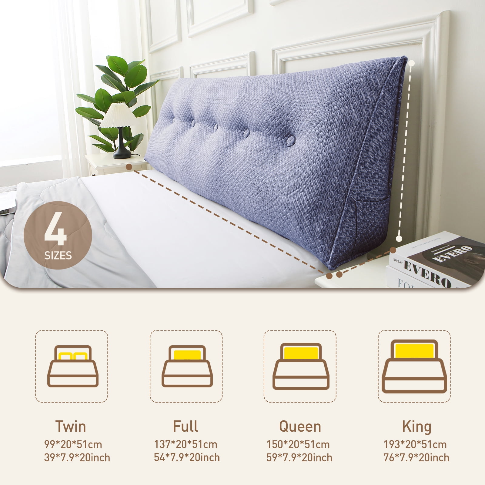 Wedge Headboard Pillow Queen, Triangular Wedge Pillow Headboard, Wedge Headboard Pillow for Bed Sofa, Daybed Pillows for Sitting up, Reading or Working with Removable Cover, Blue