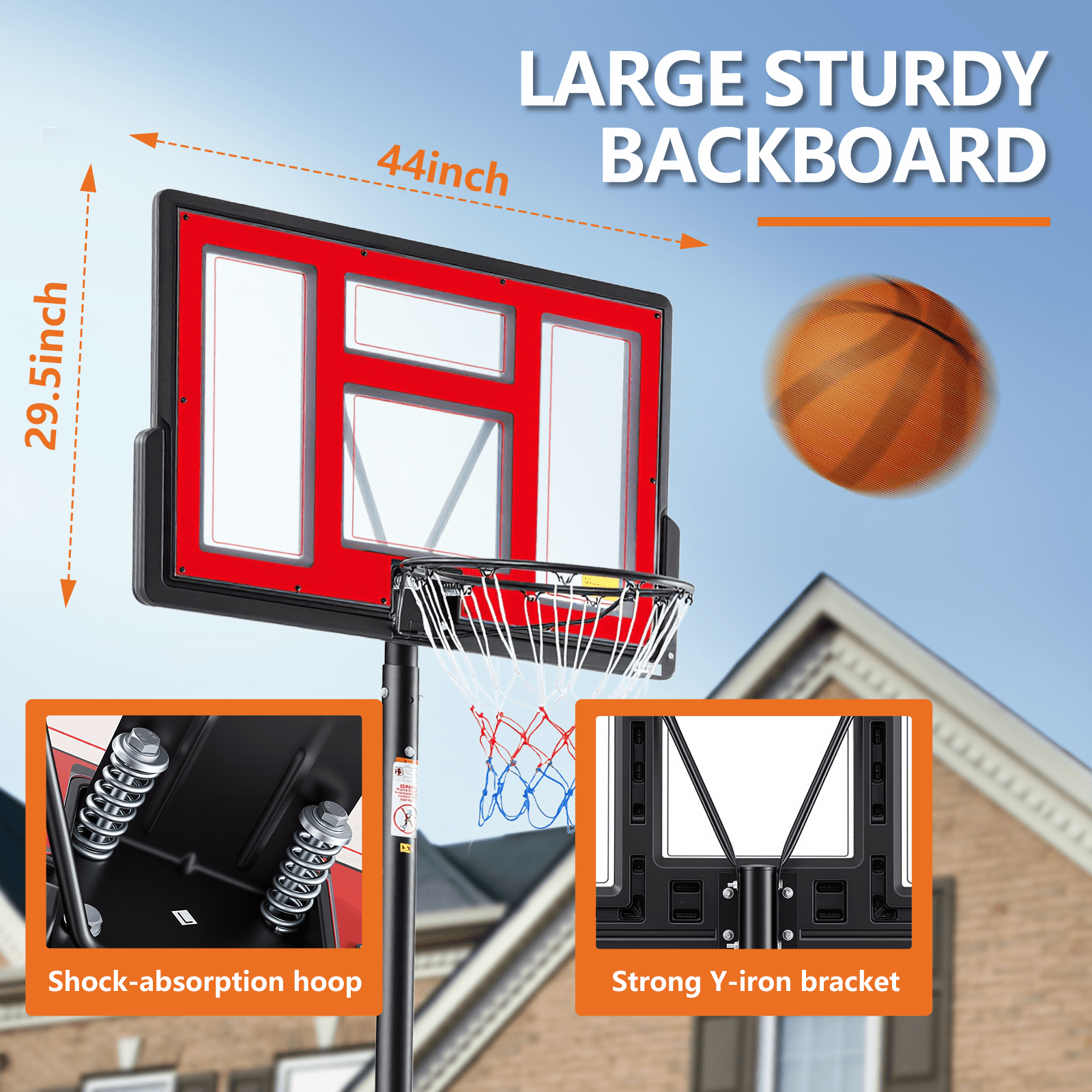 JIOABL 6.1ft-10ft Adjustable Height 44" Outdoor Basketball Hoop for Adult, Red
