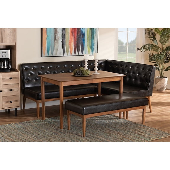 Baxton Studio Riordan Mid-Century Modern Dark Brown Faux Leather Upholstered and Walnut Brown Finished Wood 4-Piece Dining Nook Set