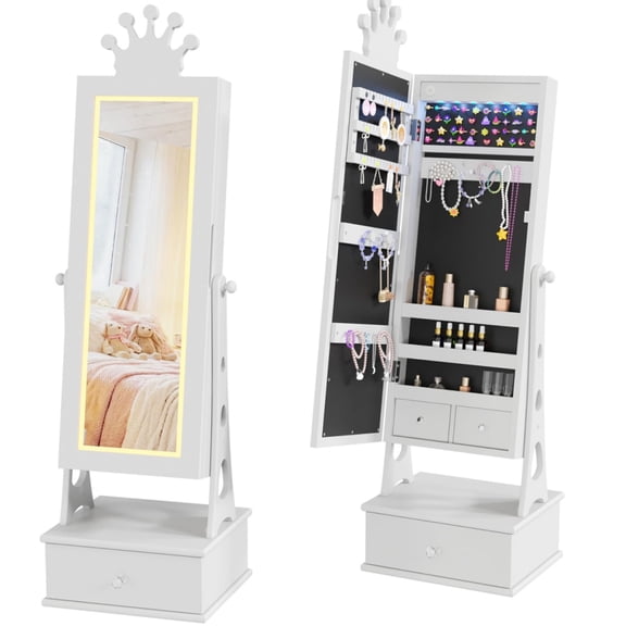 Kids Jewelry Armoire Cabinet, Standing Organizer with Full-Length Mirror, 3 Drawers for Girls