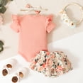 thumbnail image 6 of PatPat 3pcs Baby Girl 95% Cotton Short-Sleeve Letter Print Romper & Floral Print Layered Ruffled Shorts & Headband Set,0-18 Month, 6 of 11