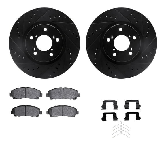 Dynamic Friction Company Front Brake Rotors-Drilled and Slotted-Black with 5000 Advanced Brake Pads includes Hardware 8512-59092