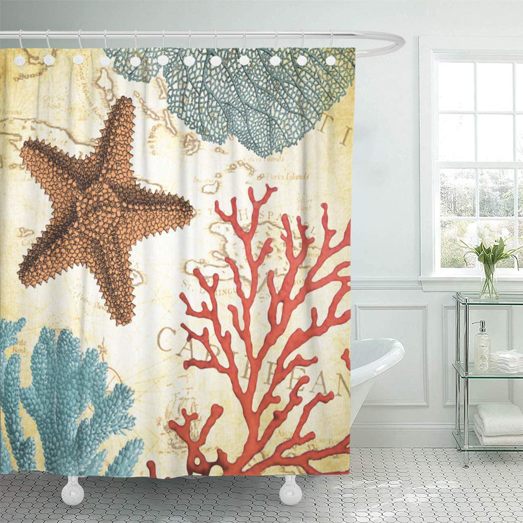 Seaside Sunny Beach Starfish Flip Flop Conch Shower Curtain Set Bathroom Decor 