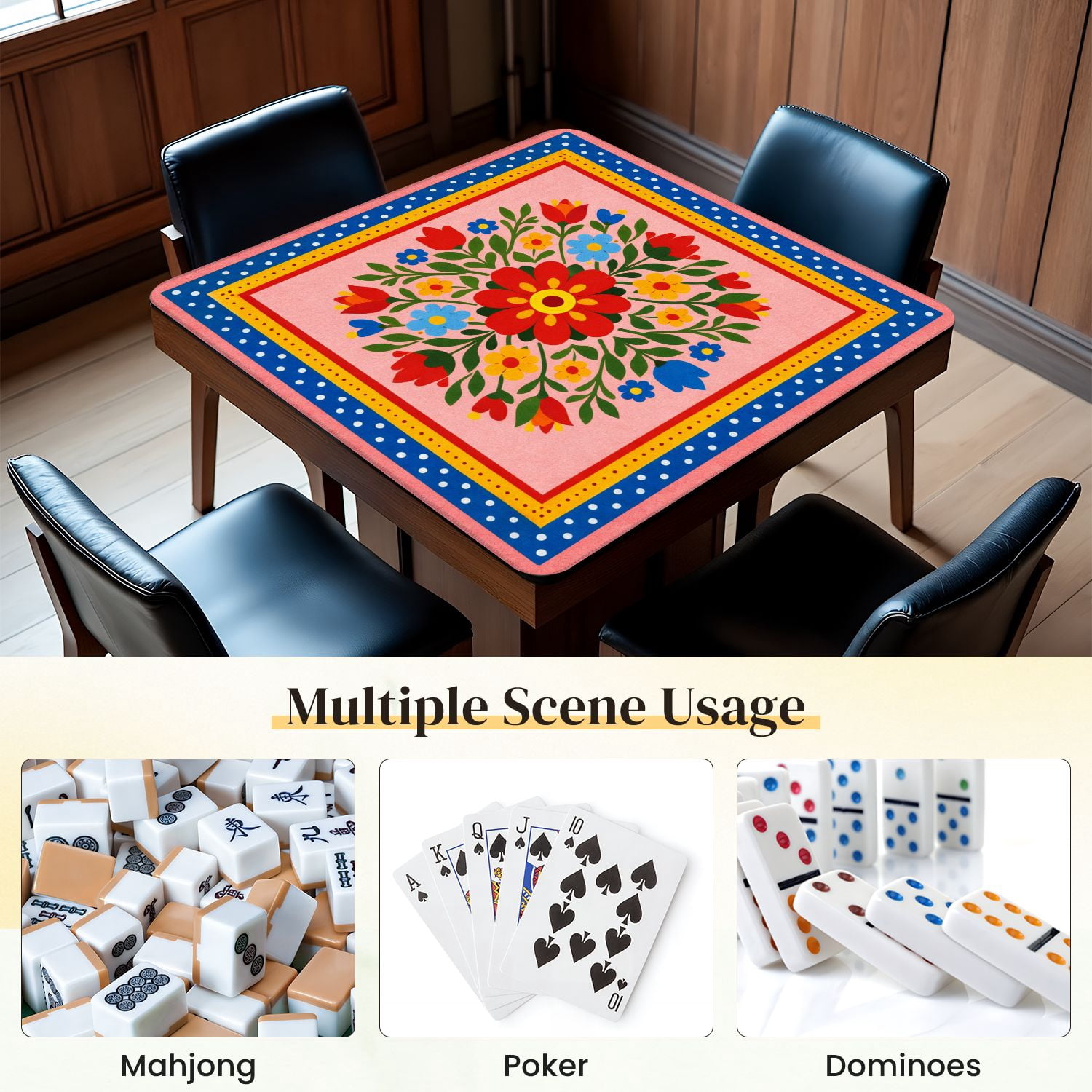 Mahjong Mat 31.5" x 31.5" Floral Mandala Design Red Yellow Blue Flowers Pink Non-Slip Noise Reduction Mahjong Tiles Table Cover for Dominoes Poker Card Board and Tile Games