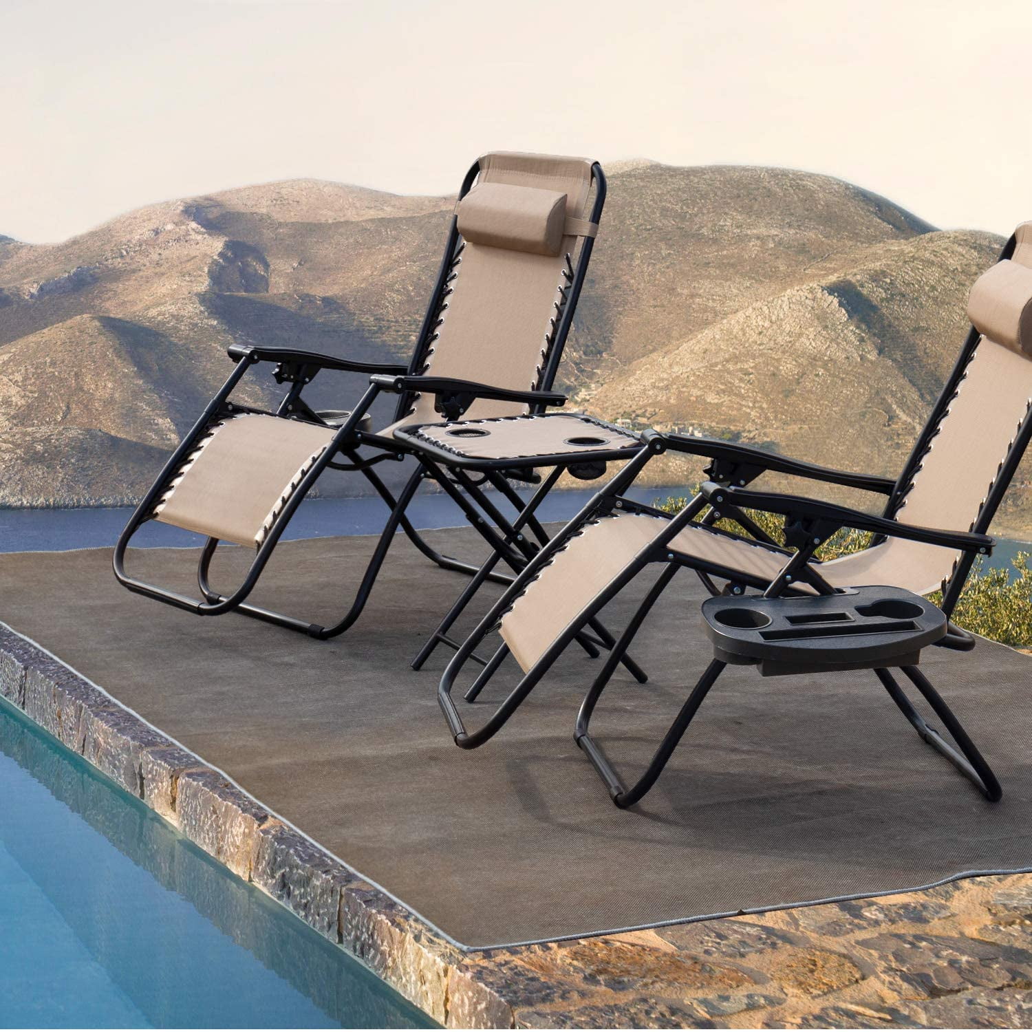 Vineego 3 Pieces Zero Gravity Chair Patio Foldable Chaise Lounge Chairs 2 Beach Chairs and Table with Cup Holders,Beige