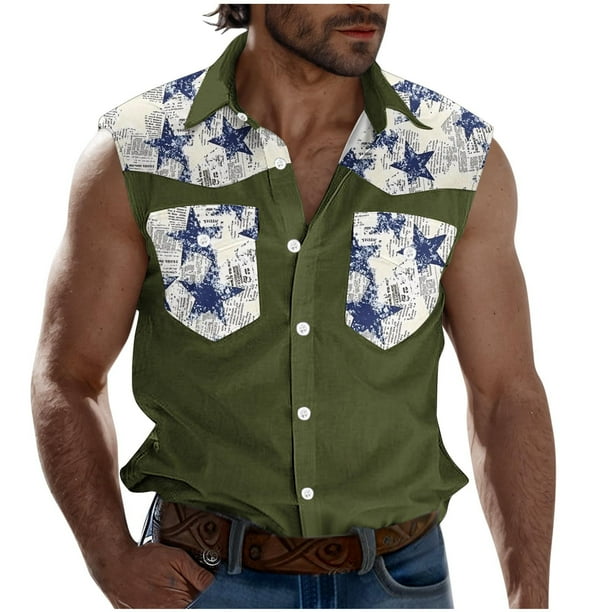 Camisas de Cuello para Hombres, Moda Casual Día de la Independencia Imprimir Turndown Bolsillos sin Mangas Tanque Deportivo