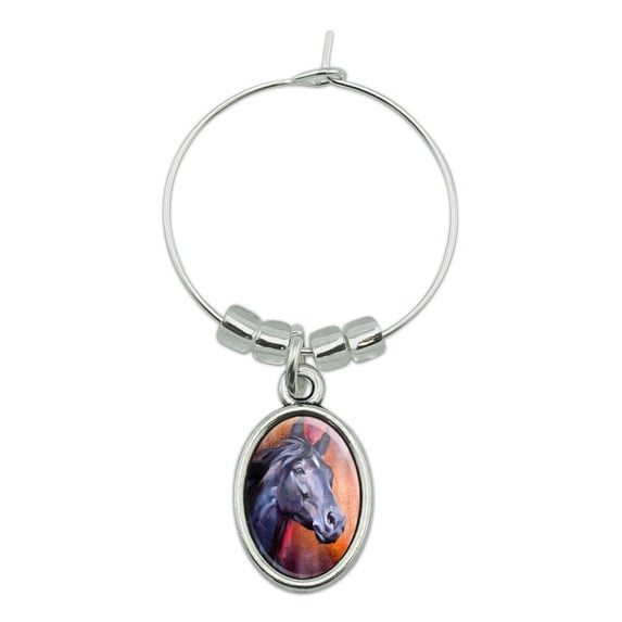 Black Horse Portrait Painting Indigo Night Wine Glass Oval Charm Drink Marker