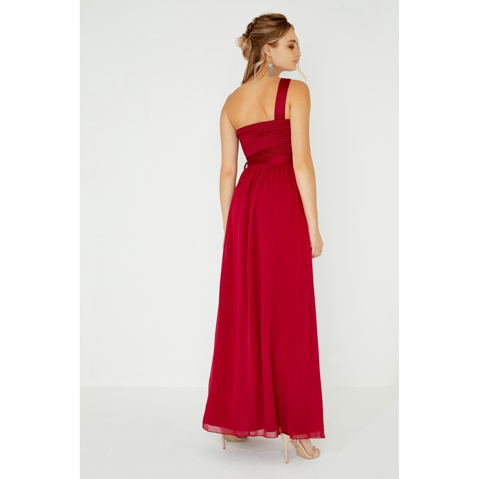 little mistress pearl one shoulder satin top maxi dress