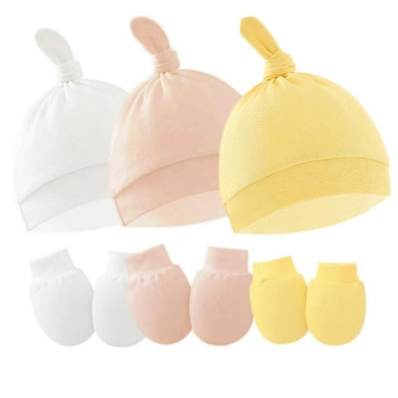 Hotiary 0-6M Infant Soft Warm Newborn Hat with Scratch Mitten Set Unisex Baby Solid Color Knot Beanie Hats and Mittens