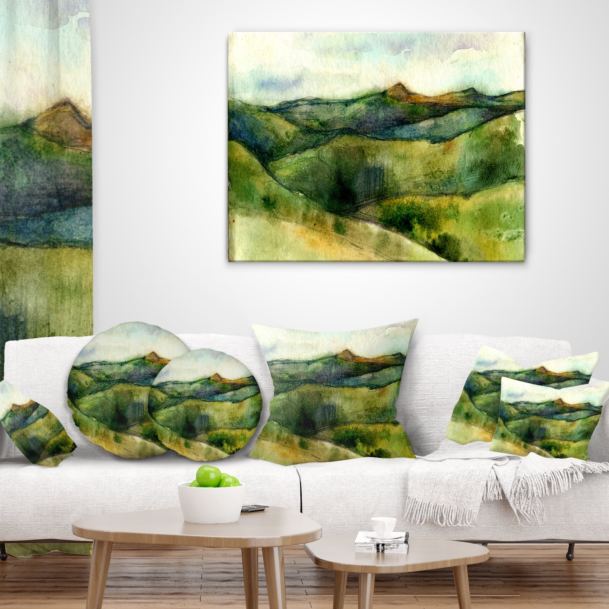 Designart Green Mountains Watercolor - Landscape Painting Throw Pillow - 18x18