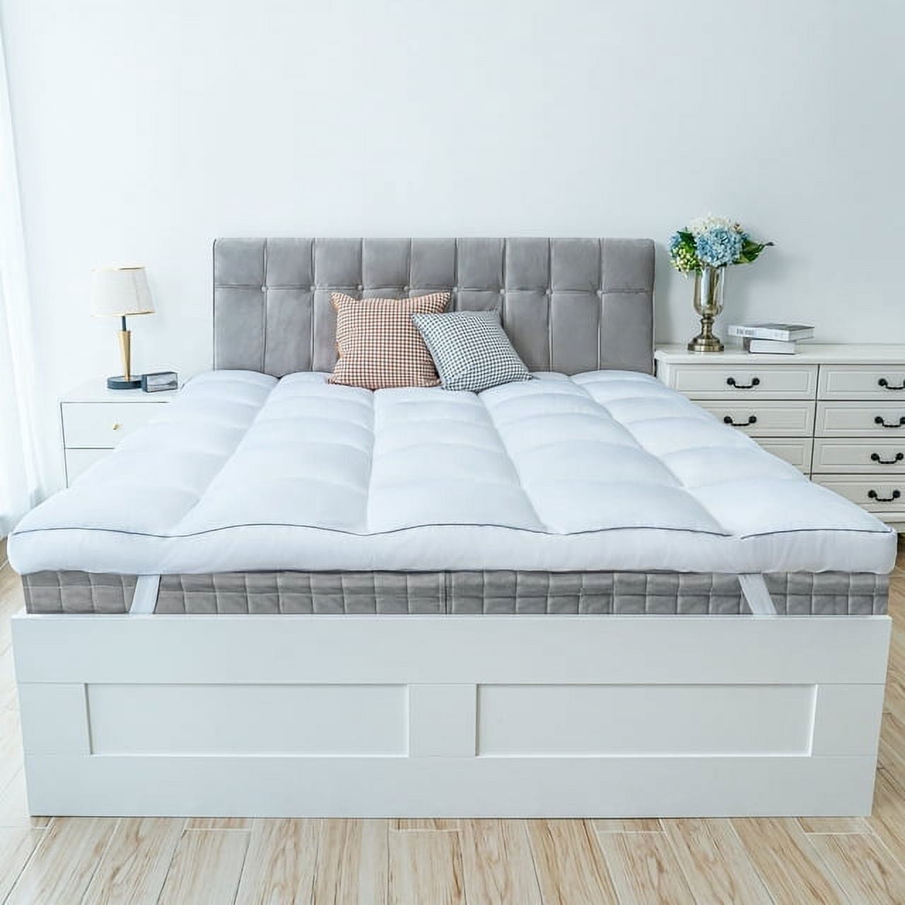 Queen Size Mattress Topper White Luxury Down Alternative Fiber, Pamyo Mattress Topper with Elastic band