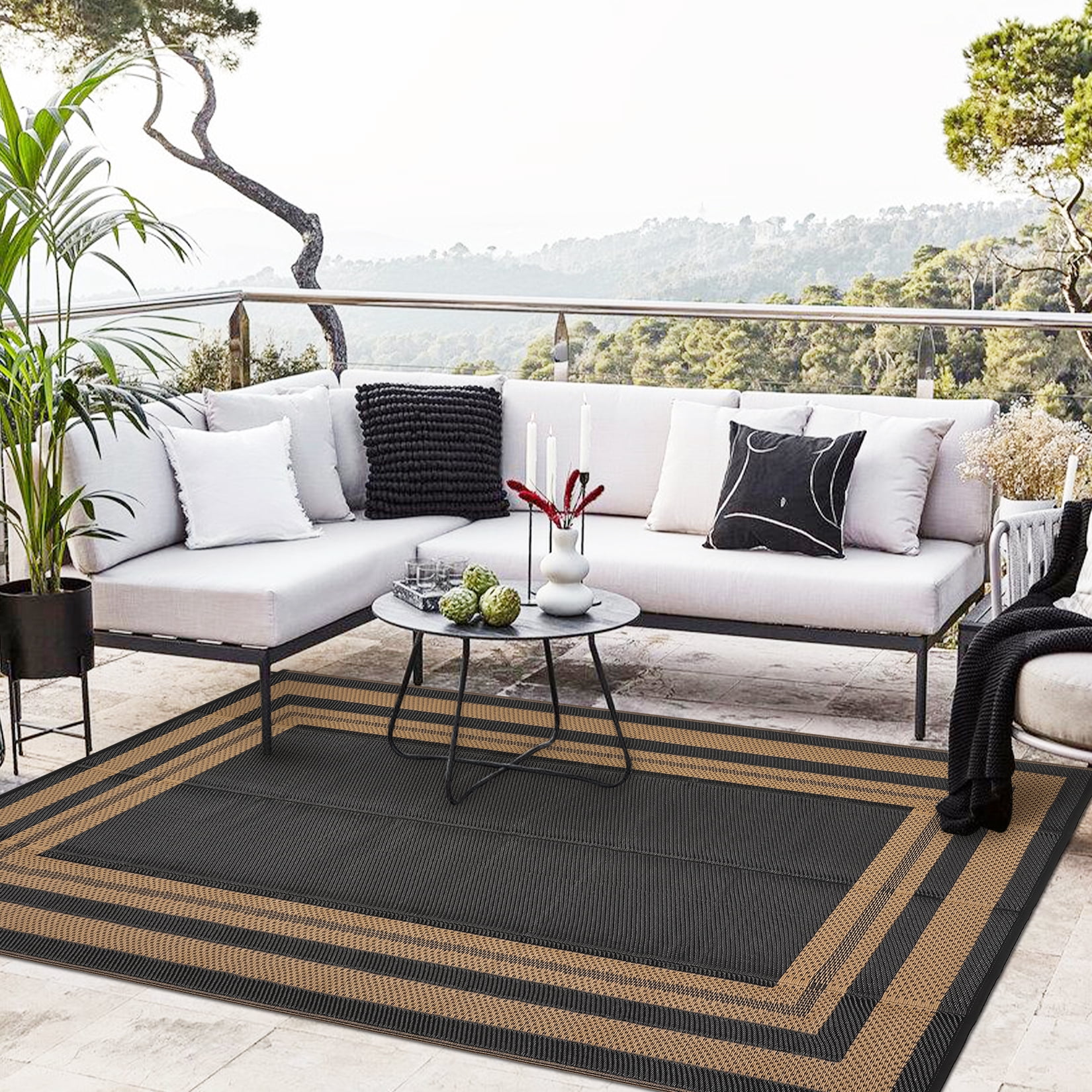 Nanan 10×14 Outdoor Plastic Rug,Portable Plastic Outdoor Rug, Waterproof & UV Resistant, Non-Slip, Easy to Clean for Camping, Patio, Garden, Beach, Picnic, Black Brown