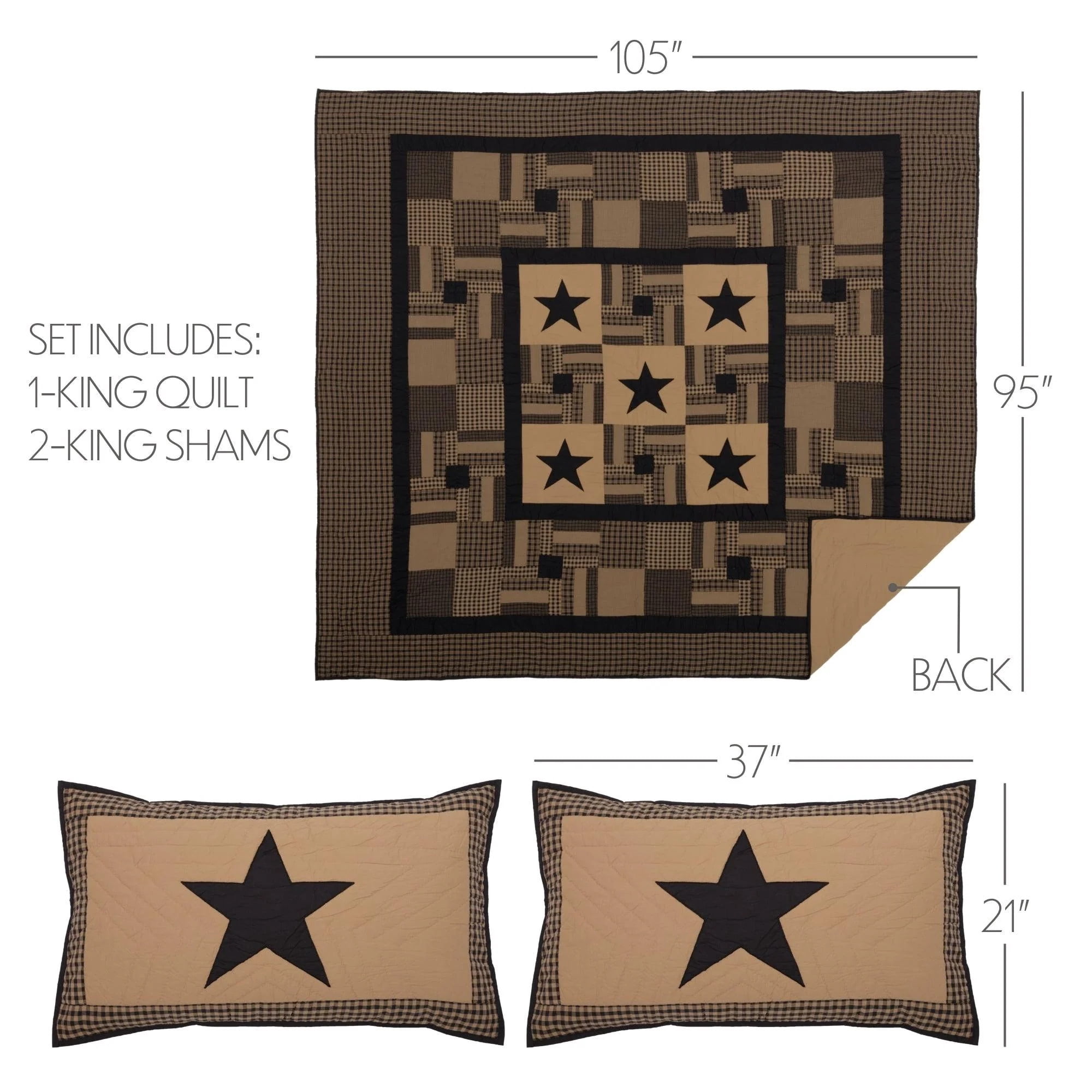 VHC Brands, Black Check Star, Cotton, 90Wx90L x 21x27, Queen Quilt w/ 2 Shams Set, Black